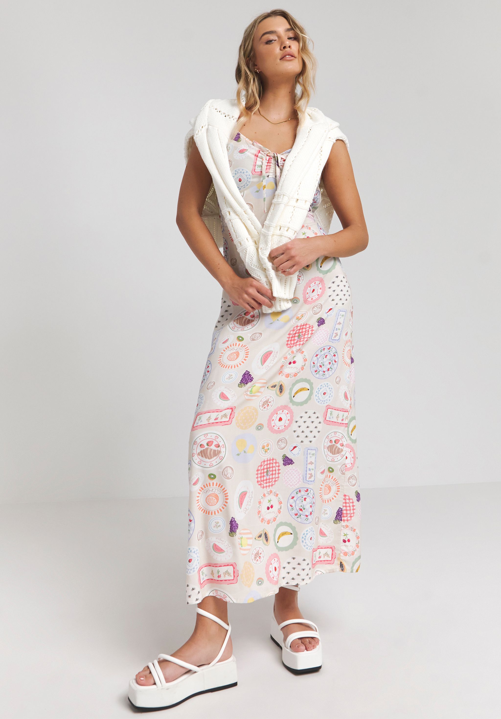 Printed Tie Front Midaxi Cami Dress With Frill Strap
