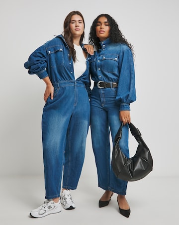 Mid Wash Authentic Look Drape Denim Jumpsuit