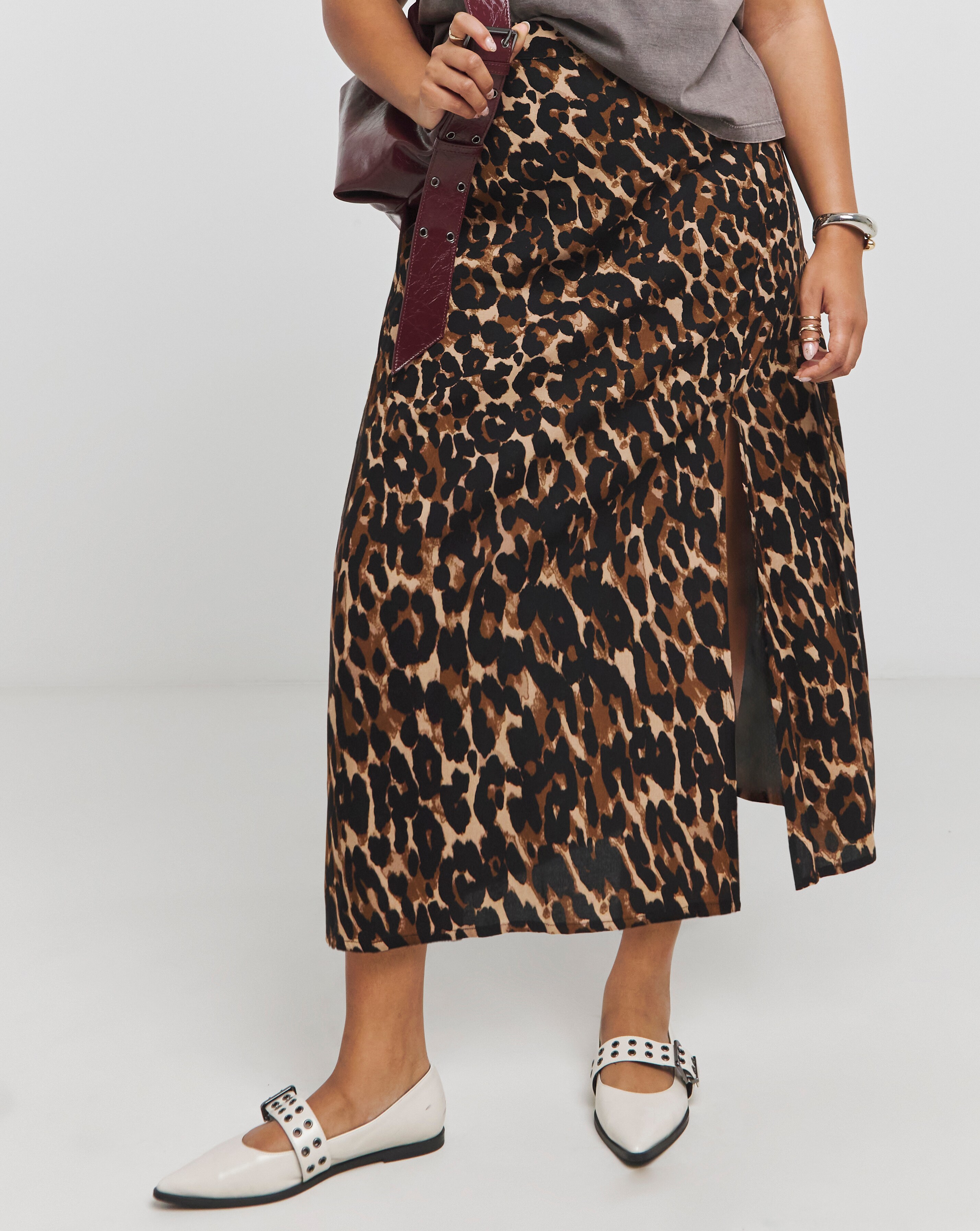 Leopard Print Side Split Midi Skirt Simply Be