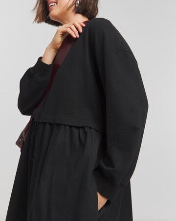 Black Relaxed Sweatshirt Poplin Mix Smock Dress