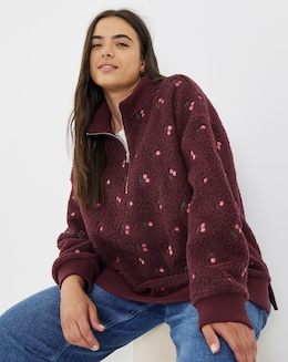 Simply Be Pink &amp; Burgundy Cherries Print Borg Sweatshirt