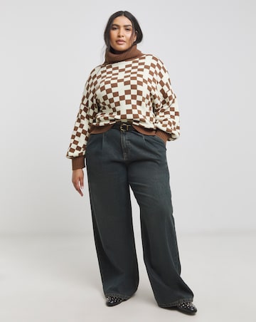 Native Youth Oversized Roll Neck Checkerboard Intarsia Jumper