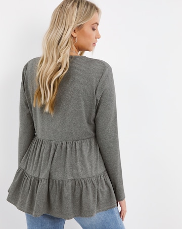 Grey Marl Long Sleeve Ribbed Tiered Smock Top