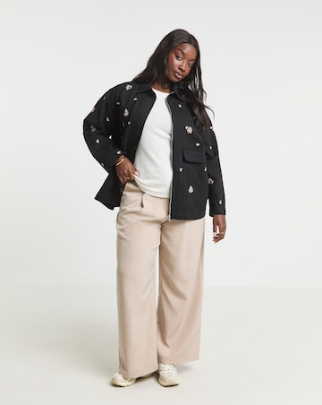 Washed Black Floral Embroidered Utility Shacket