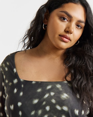 Green Deer Print Square Neck Mesh Top