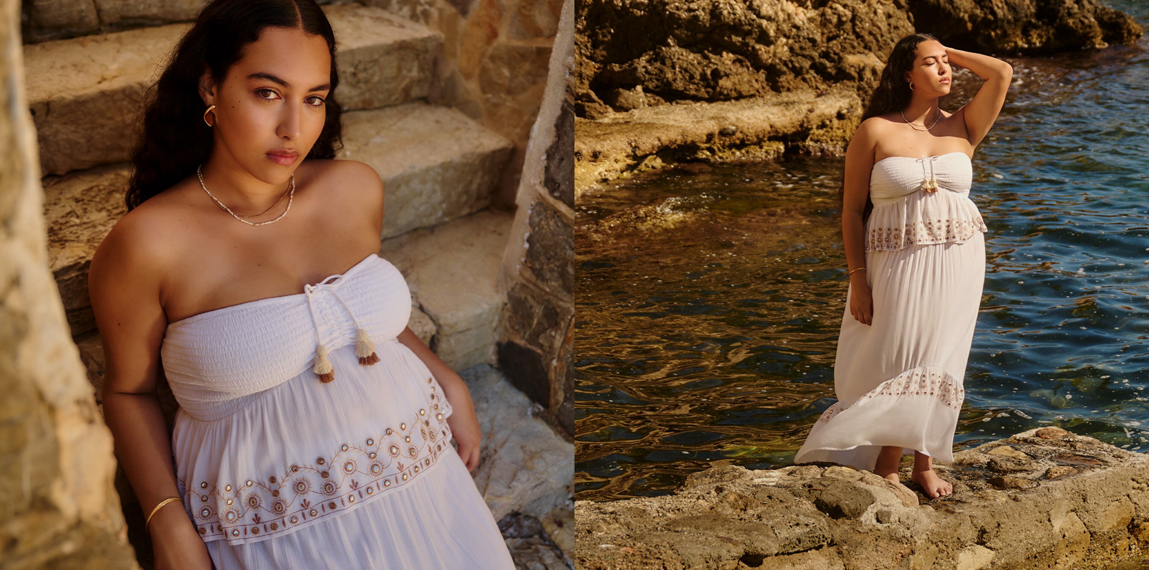 Models wearing white dress, split shot