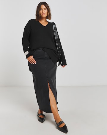 Black Slouchy V Neck Longline Jumper