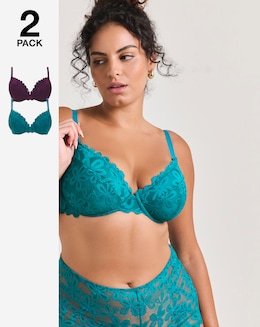 Pretty Secrets (2 Pack) Daisy Lace Plunge Wired Bras (B-F) Green/Plum