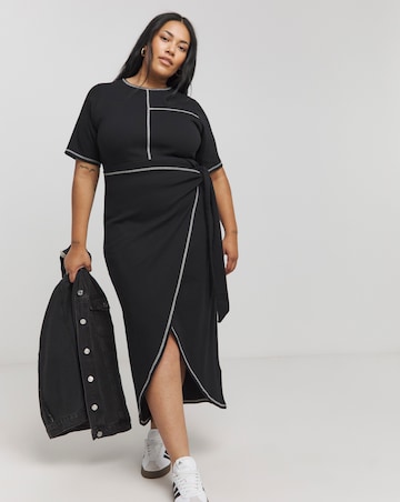 Black Short Sleeve Exposed Seam Midaxi Wrap Dress