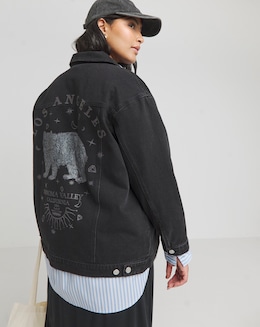 Simply Be Washed Black Los Angeles Graphic Denim Jacket