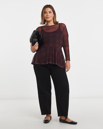 Red & Burgundy Check Print Peplum Mesh Top