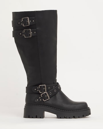 Hendrix Chunky Multi Buckle Calf Height Biker Boots Wide E Fit Super Curvy Calf