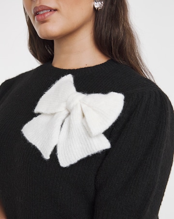 Simply Snug Black/Ivory Puff Sleeve Bow Applique Knitted Top