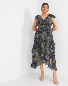 Joanna Hope Khaki Floral Chiffon Tiered Midi Dress