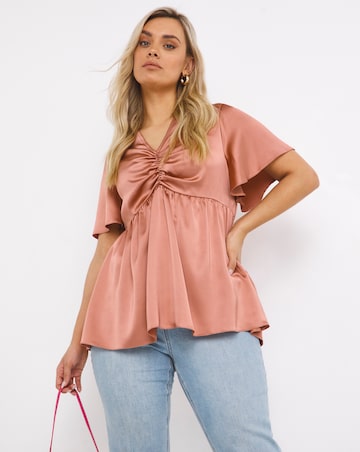 Dark Blush Pink Ruched Short Sleeve Satin Blouse