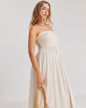 Stone Shirred Bandeau Linen Blend Midi Dress