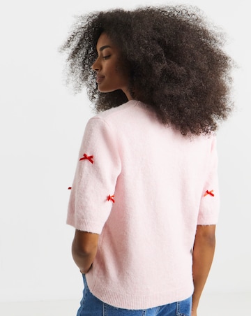 Simply Be Pink Embroidered Bow Knitted Half Sleeve Jumper