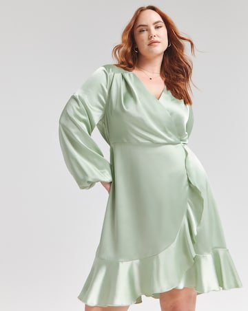 Flounce London Sage Green Heavy Satin Balloon Sleeve Mini Dress
