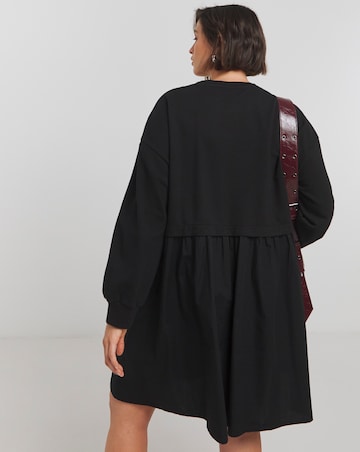 Black Relaxed Sweatshirt Poplin Mix Smock Dress