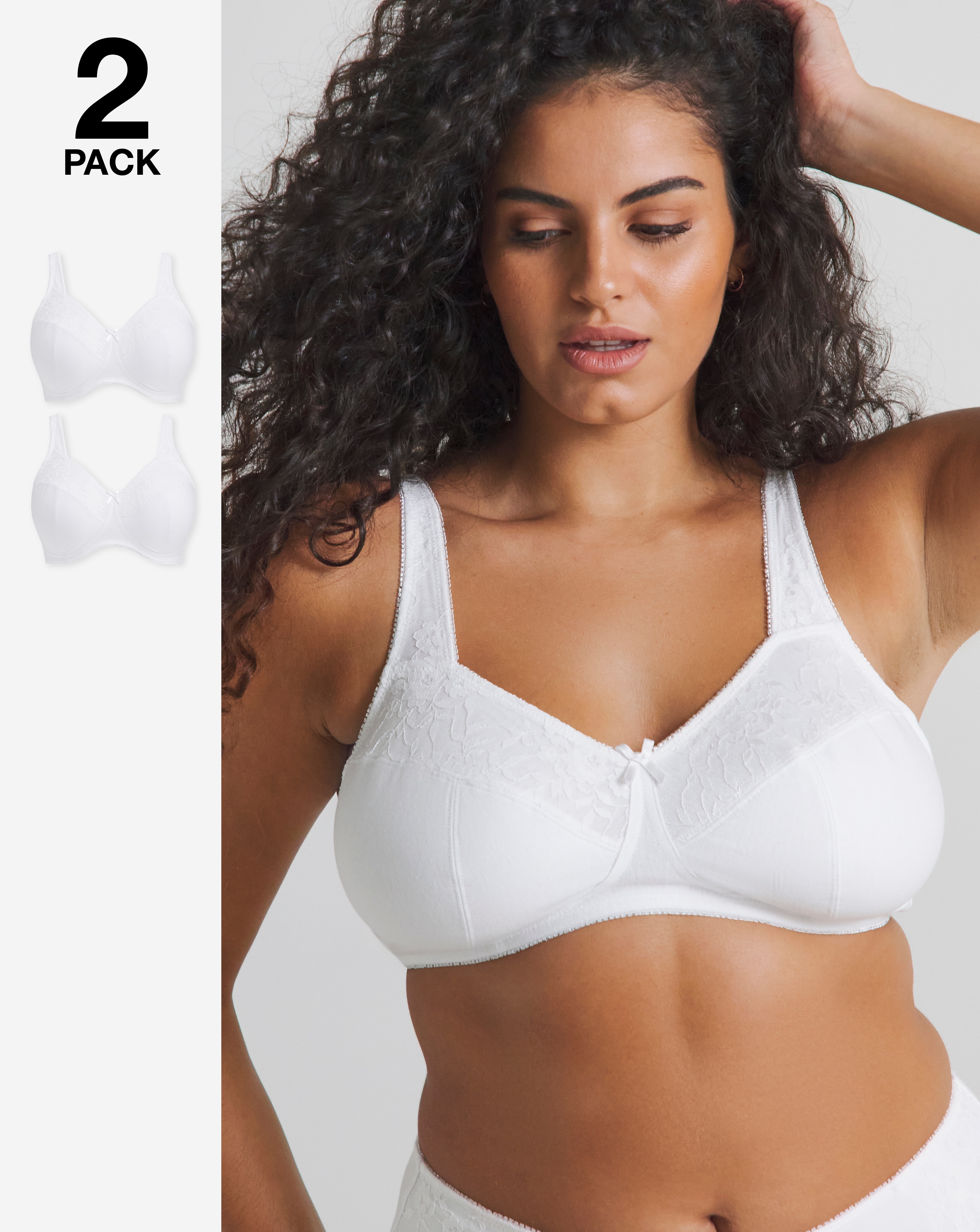 Pretty Secrets (2 Pack) New Sarah Cotton Full Cup Non Wired Bras (B-G) Wht/Wht