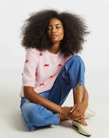 Simply Be Pink Embroidered Bow Knitted Half Sleeve Jumper