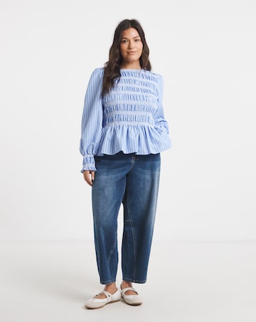 Blue Stripe Decorative Cotton Smocking Striped Poplin Blouse