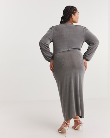 Silver Grey Slinky Wrap Front Midi Dress