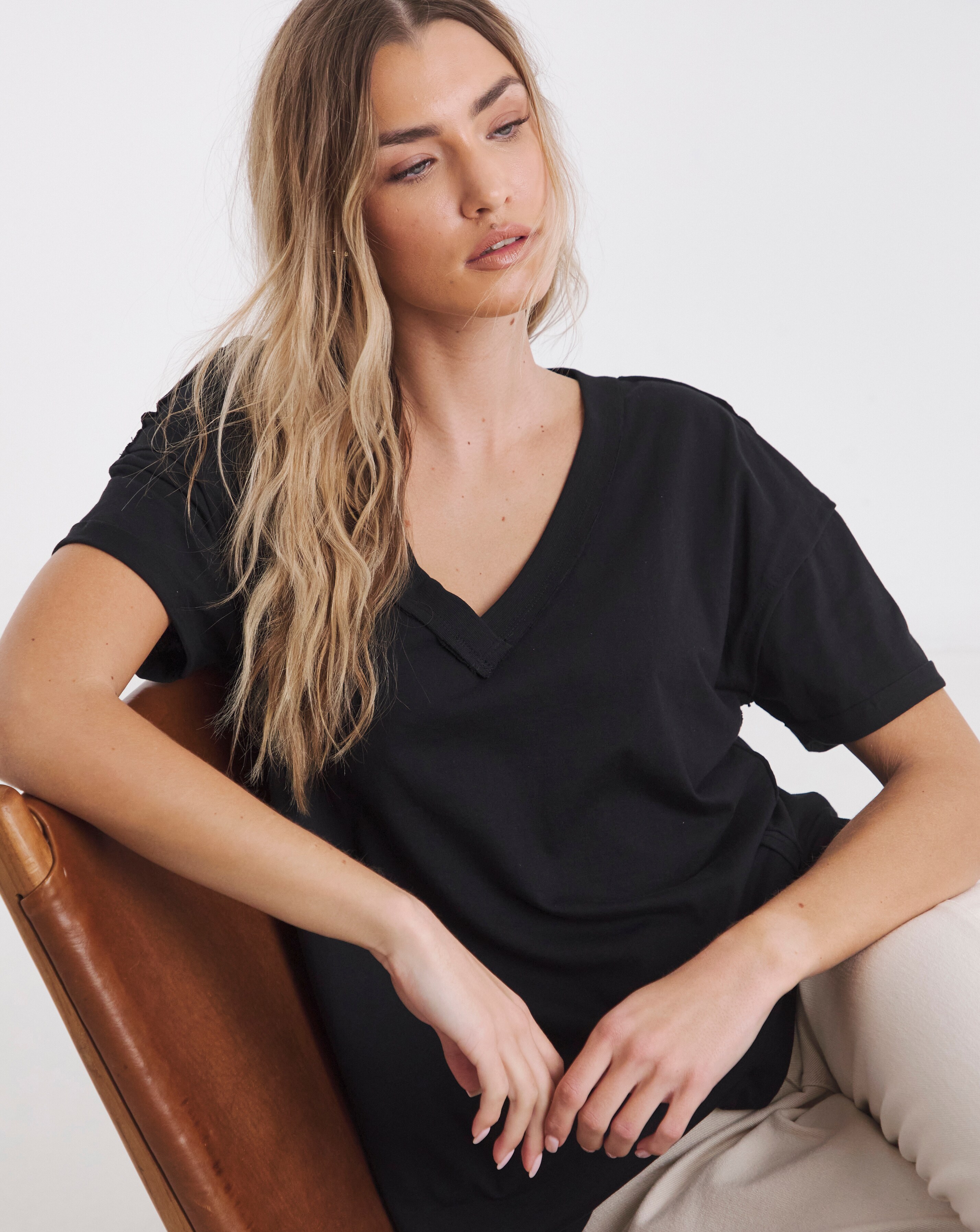 Black Oversized Exposed Seam Pure Cotton V Neck T-Shirt