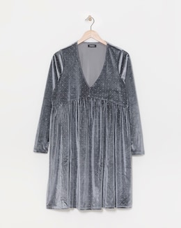 Silver Grey Velour Hotfix Smock Dress