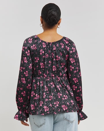 Black Floral Satin Square Neck Blouse with Tie Detail and Frill Cuffs