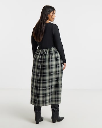 Black Jersey And Check Woven Skirt Midi Dress With Pockets
