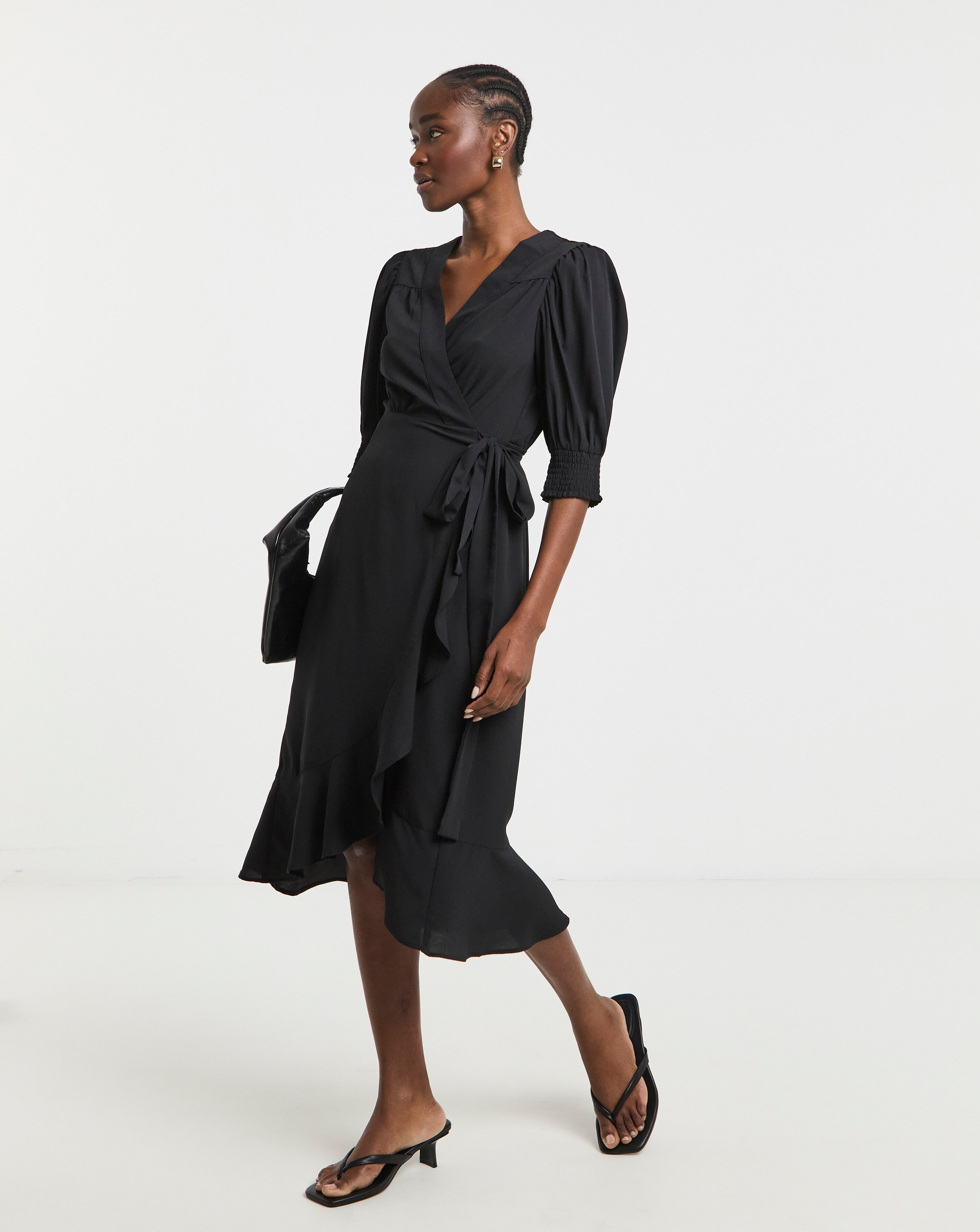 Black Ruffled Front Wrap Midi Dress
