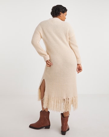 Cream Fringe Knitted Midi Dress