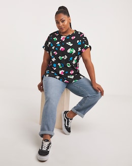 Black Animal Print Dip Back Boxy Top With Roll Sleeve