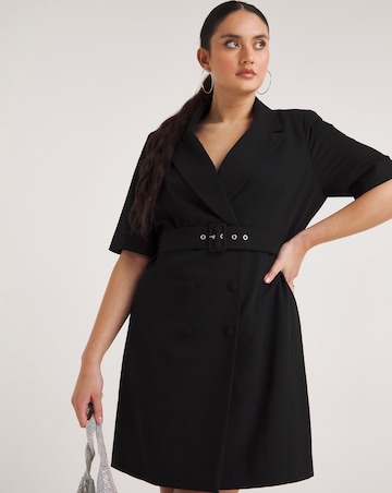 Black Short Sleeve Belted Blazer Dress