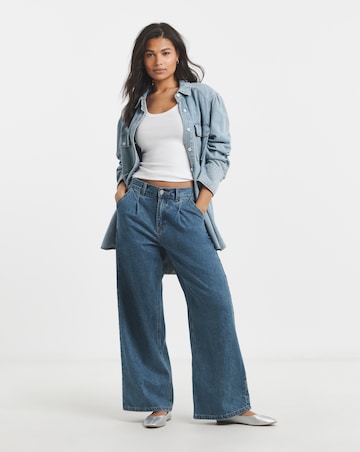 Mid Blue Pleat Detail Wide Leg Jeans
