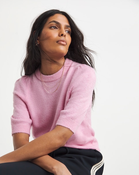 Pink Puff Sleeve Knitted T-Shirt