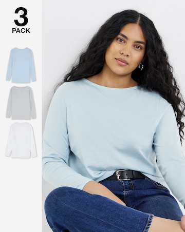 Grey Marl, White & Blue 3 Pack Long Sleeve Slash Neck Tops