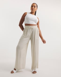 Cream Crinkle Tie Waist Wide Leg Trouser