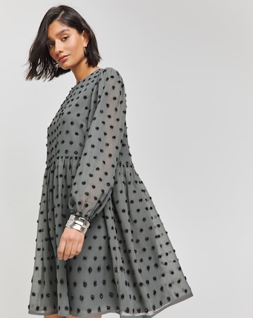 Grey Spot Oversized Dobby Long Sleeve Smock Dress