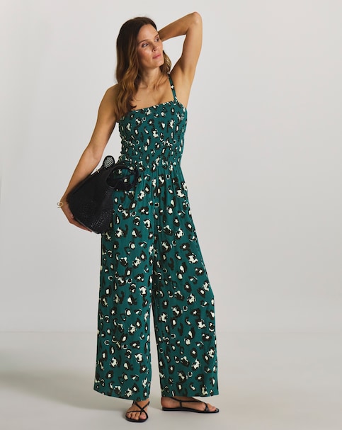 Shirred Bandeau Jumpsuit Teal Leopard Print