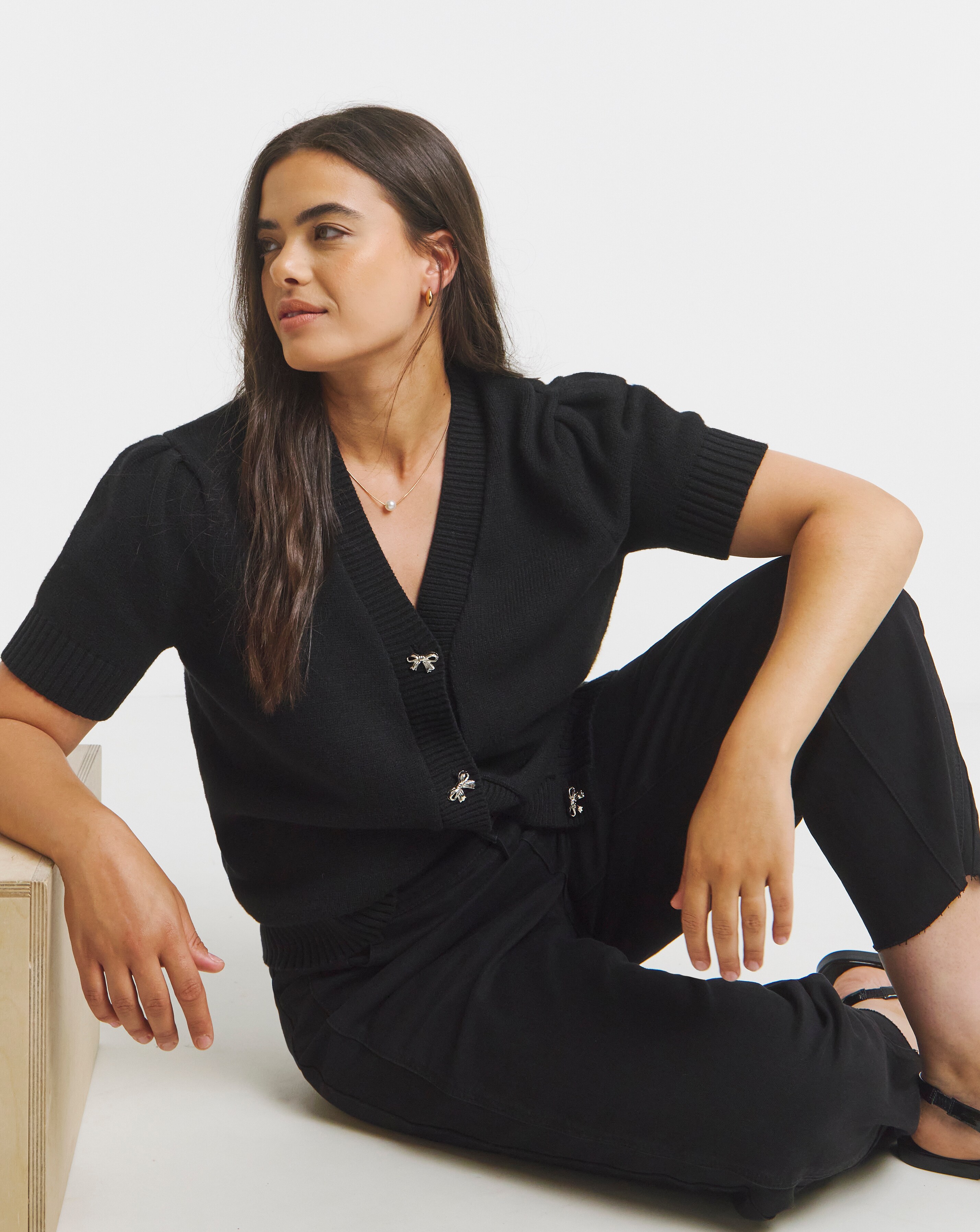 Black Bow Button Short Sleeve Cardigan