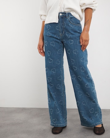 Mid Wash Distressed Heart Straight Leg Jean