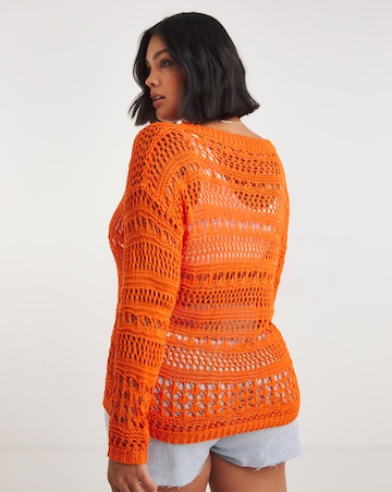 Orange Wide V Neck Crochet Jumper