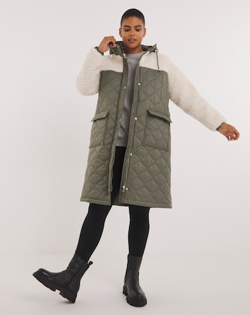 Khaki Quilted Shearling Hooded Maxi Coat