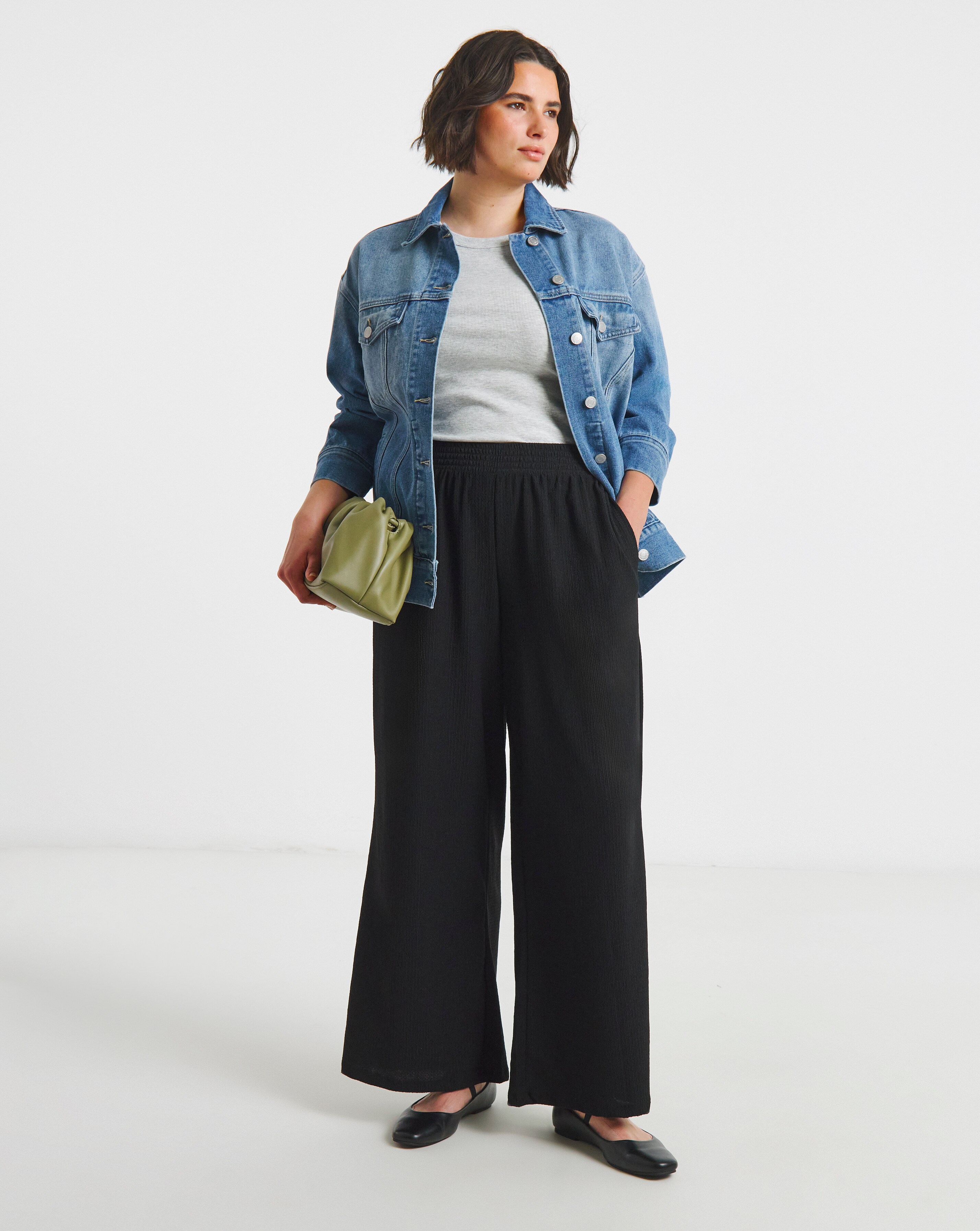 Black Jersey Textured Wide Leg Trousers