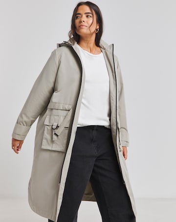 Washed Grey Hooded Longline Utility Coat