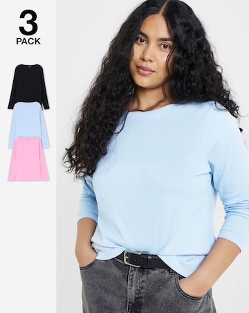 Simply Be Black, Blue & Pink 3 Pack Long Sleeve Rib Tops