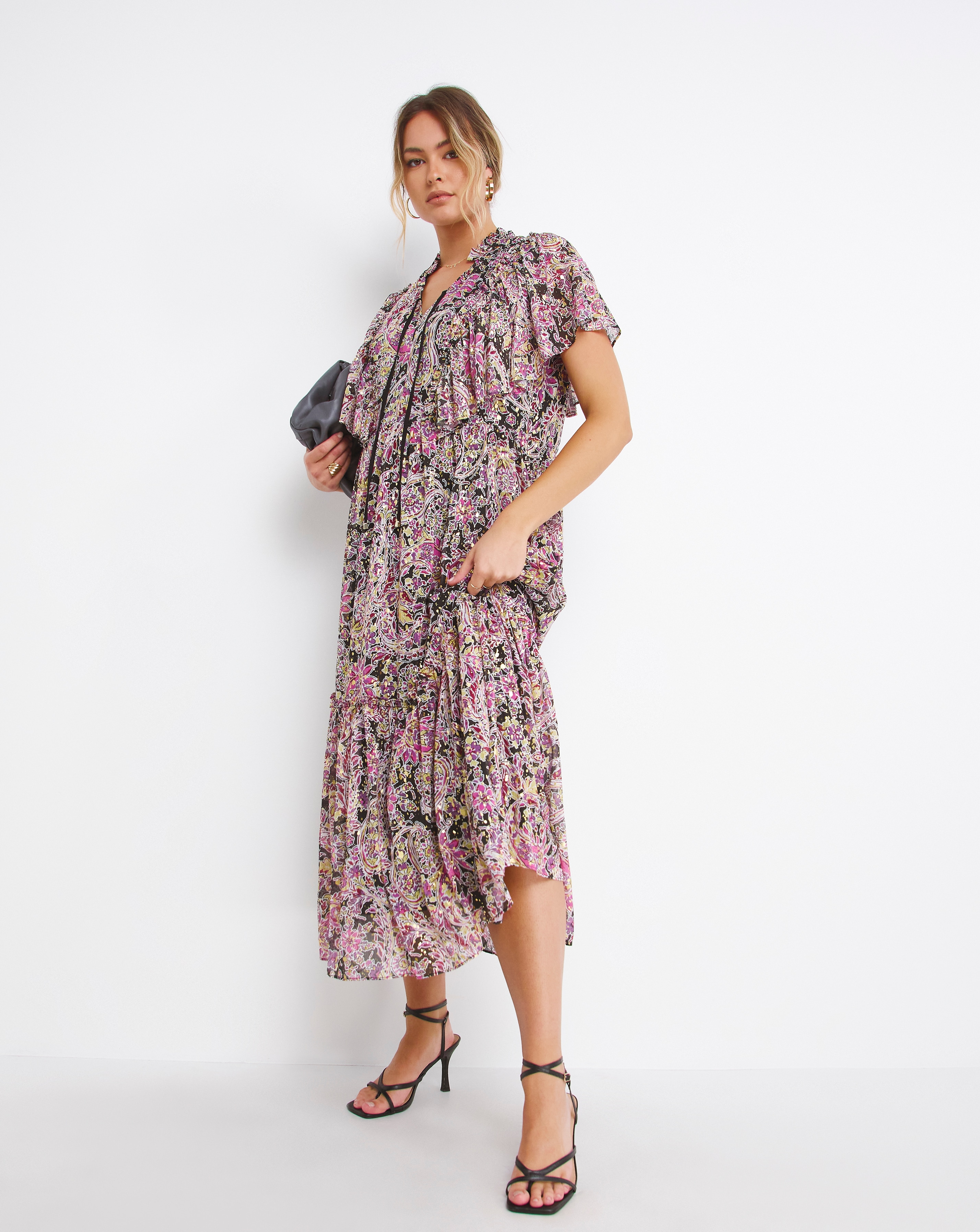 Jo by Joanna Hope Gold Foil Frill Shoulder Maxi Dress Simply Be