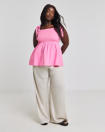 Pink Shirred Linen Peplum Top with Tie Straps